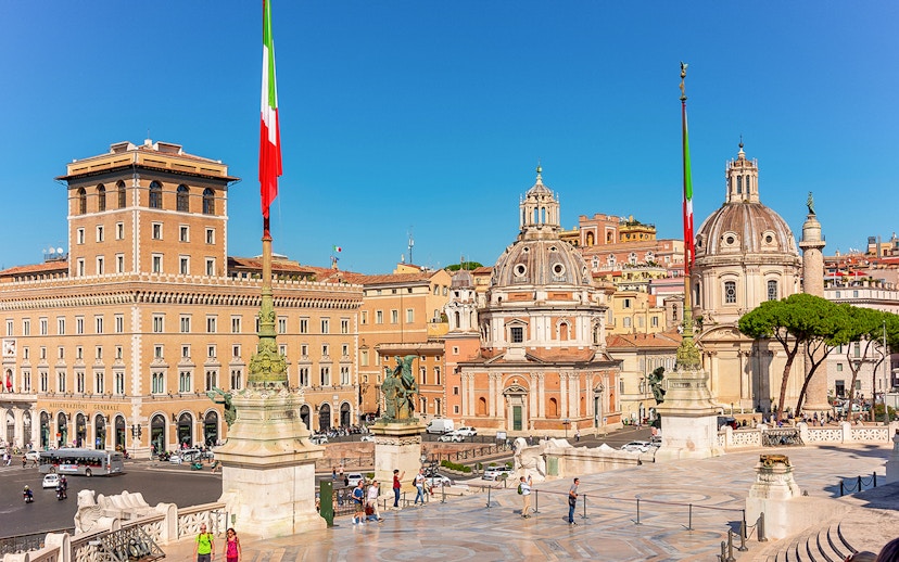 Altare della Patria view with Trajan's Column and Rome cityscape, Italy.