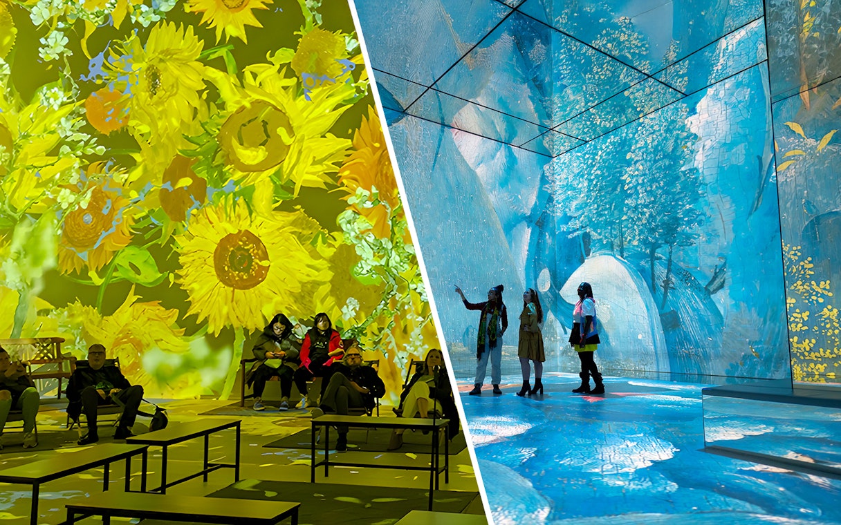 Guests viewing immersive Van Gogh art projections at London exhibition.