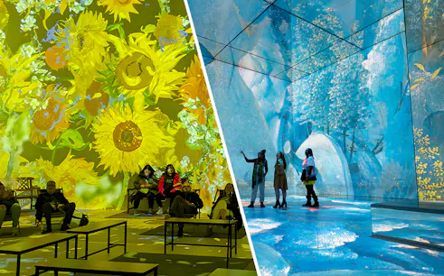 Guests viewing immersive Van Gogh art projections at London exhibition.