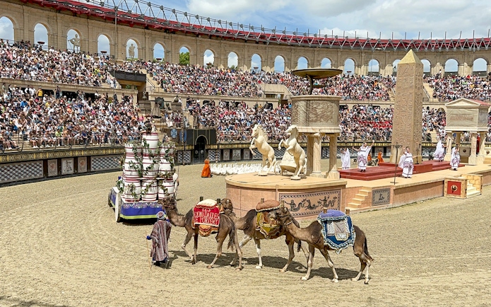 Camels in a Roman-themed arena show at Puy du Fou Theme Park.