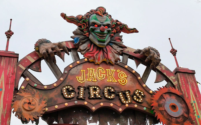 Jack's Circus entrance with Jack the Clown figure above the sign.