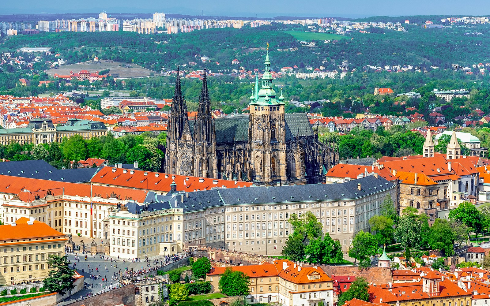 Aerial view of Prague Castle with surrounding cityscape in Prague, Czech Republic.