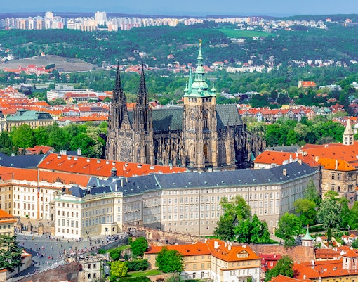 Aerial view of Prague Castle with St. Vitus Cathedral, Czech Republic.