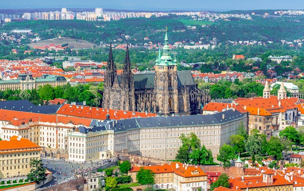 Aerial view of Prague Castle with St. Vitus Cathedral, Czech Republic.