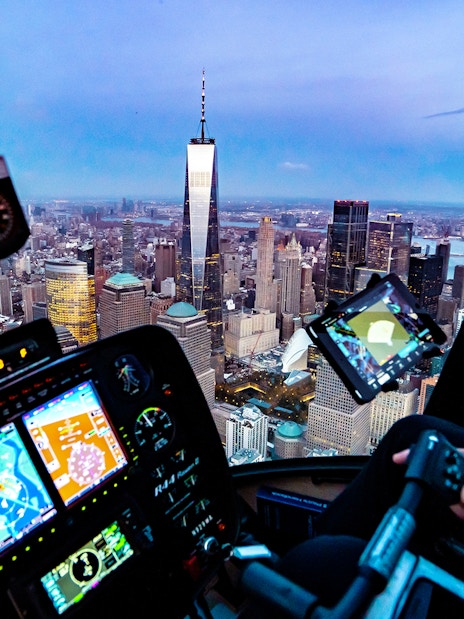Helicopter cockpit view of New York City skyline during private tour from Westchester.