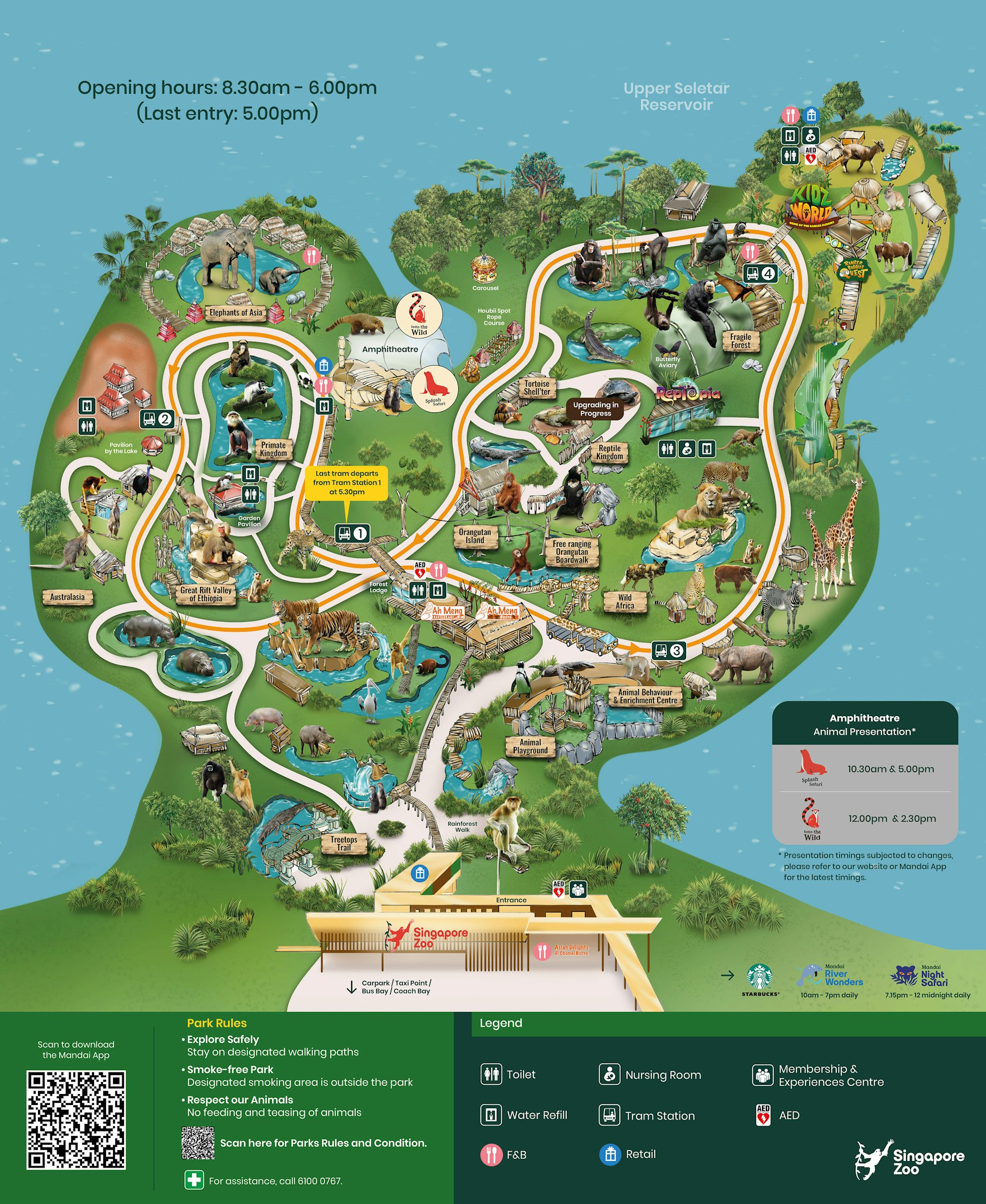 Singapore Zoo map highlighting animal exhibits and visitor facilities.