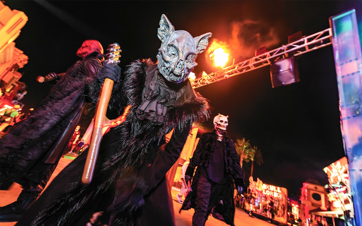 Performers in horror costumes at Hollywood Horror Nights, Universal Studios Hollywood, Los Angeles.