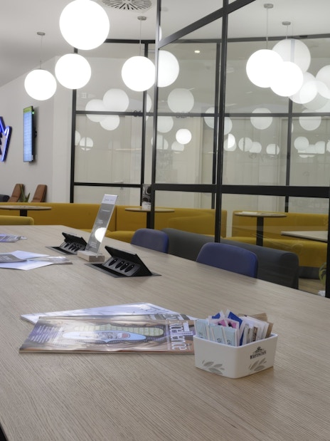 Plaza Premium Lounge seating area at Leonardo da Vinci-Fiumicino Airport, Rome.