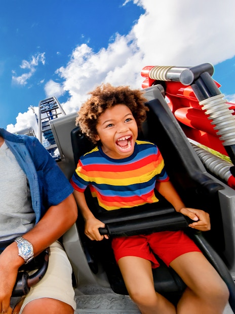 Visitors enjoying The Great Legorac ride at LEGOLAND Theme Park, Florida.
