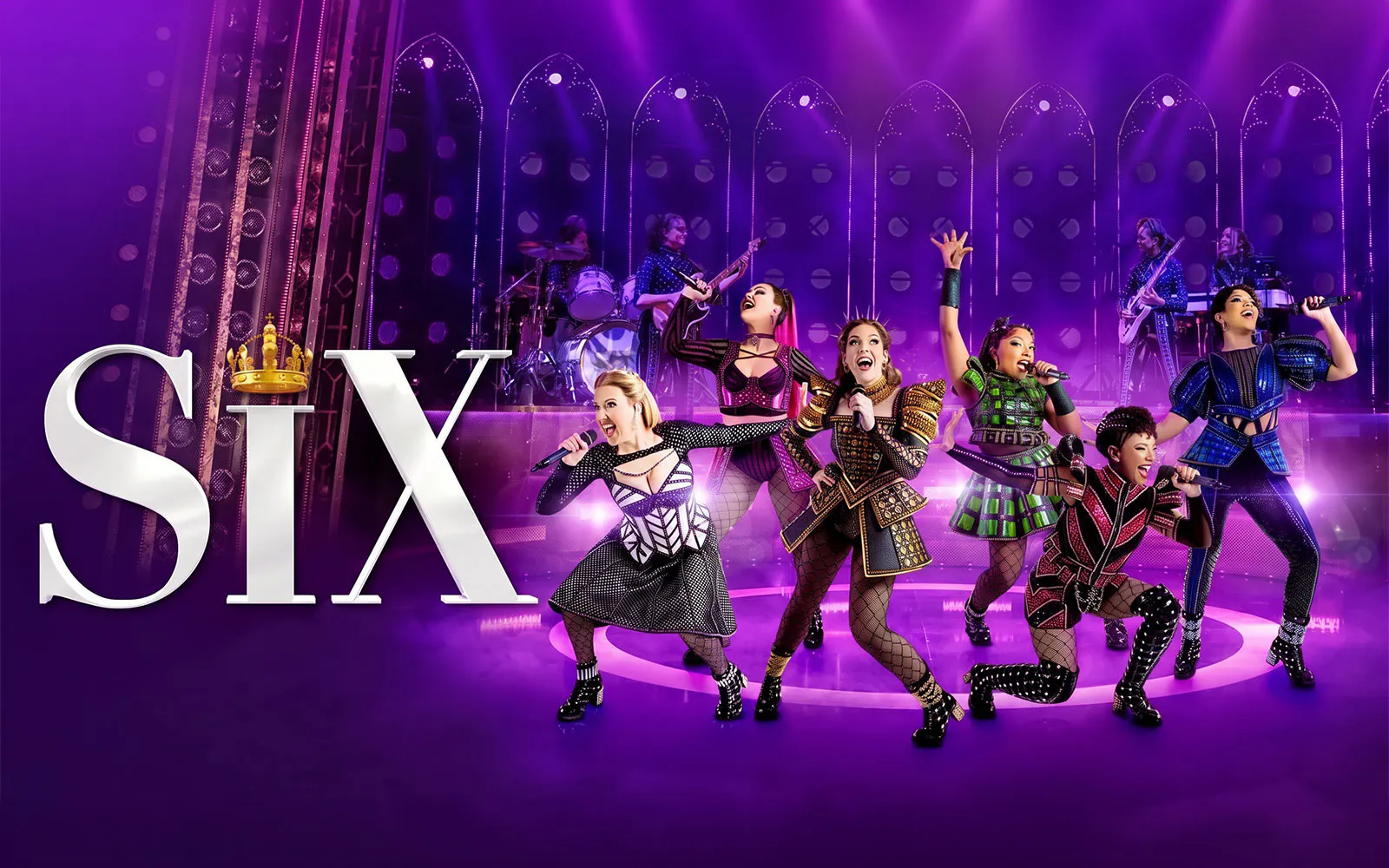 Performers on stage in the musical "Six" at Westend.