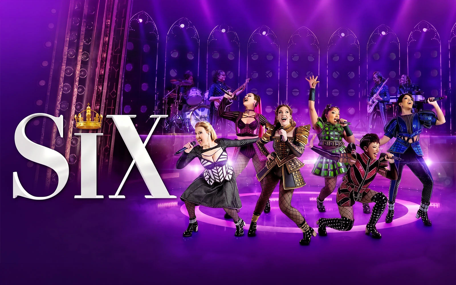 Performers on stage in the musical "Six" at Westend.