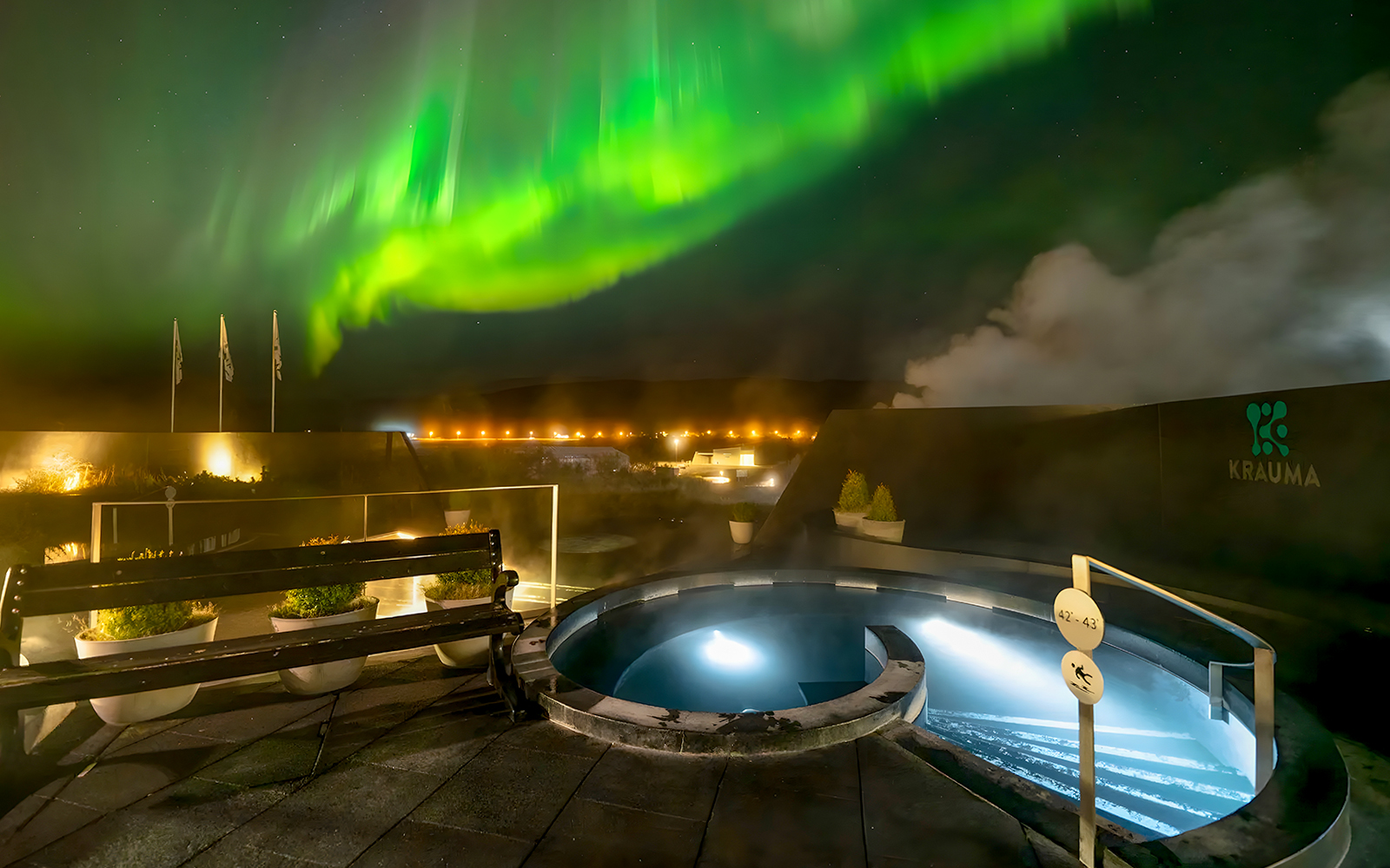 Krauma Geothermal Baths with Northern Lights in Iceland.