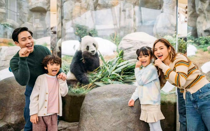 Tourists posing with a giant panda at Ocean Park, Hong Kong.