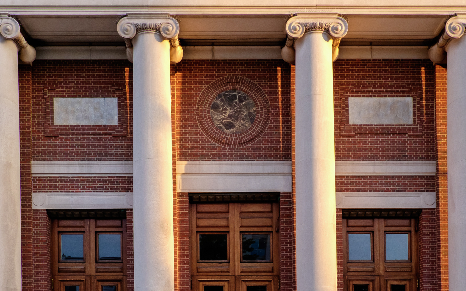 Exterior columns and brick facade of Symphony Hall, Boston.