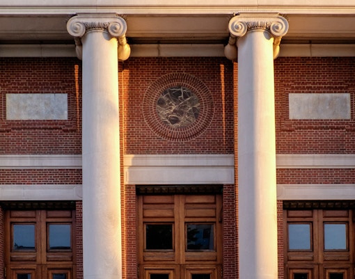 Exterior columns and brick facade of Symphony Hall, Boston.