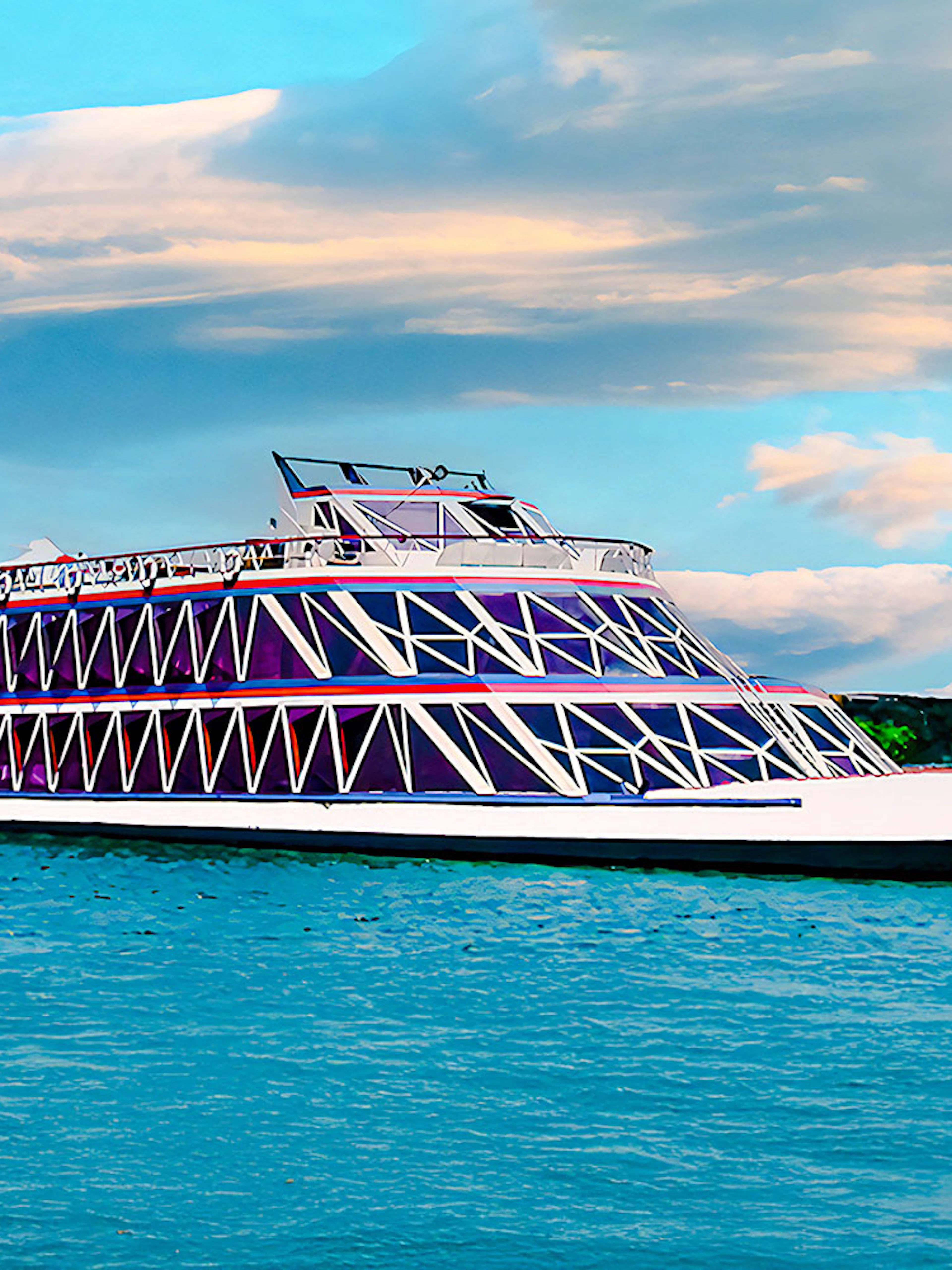 Nile cruise ship with geometric design on the river under a cloudy sky.