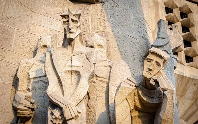 Sculptures on the Passion Facade of Sagrada Familia in Barcelona.