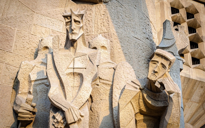 Sculptures on the Passion Facade of Sagrada Familia in Barcelona.