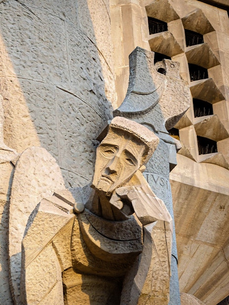 Sculptures on the Passion Facade of Sagrada Familia in Barcelona.