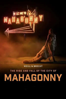 Theater stage with performers in a scene from "The Rise and Fall of The City of Mahagonny" musical.