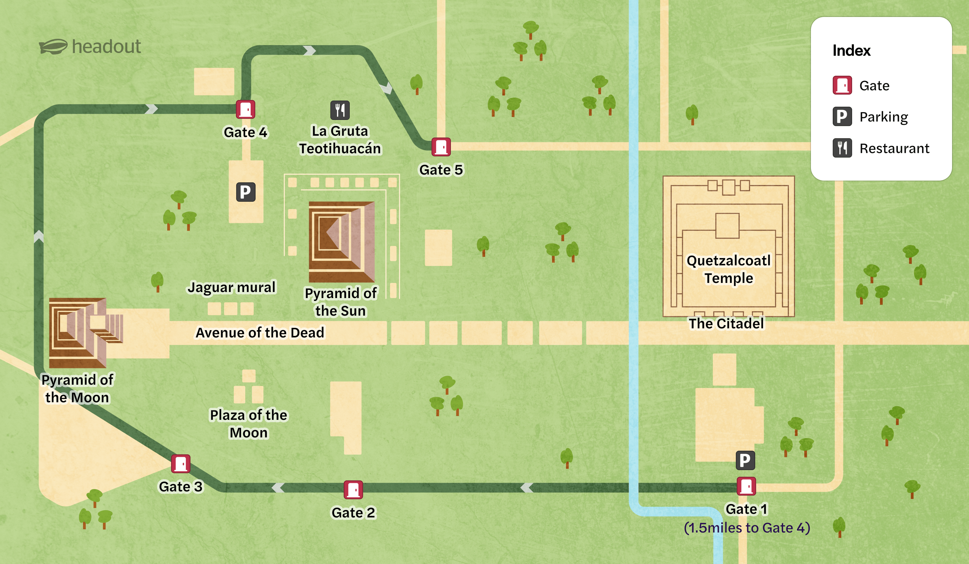 Teotihuacan map showing Pyramid of the Sun, Pyramid of the Moon, Avenue of the Dead, and Quetzalcoatl Temple.