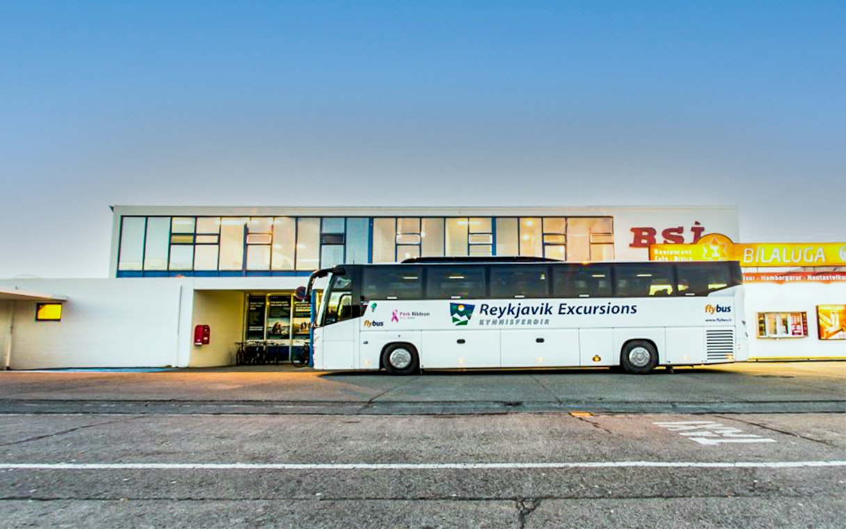 Reykjavik Excursions bus parked at BSI terminal for Keflavik Airport transfer.