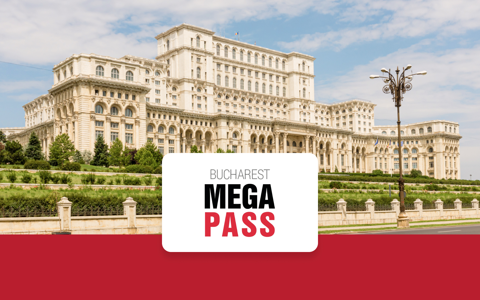 Palace of the Parliament in Bucharest with Bucharest Mega Pass text overlay.