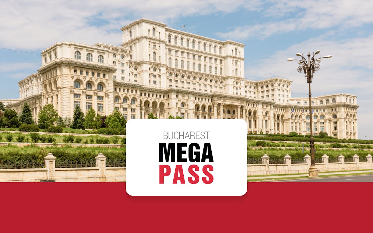 Palace of the Parliament in Bucharest with Bucharest Mega Pass text overlay.