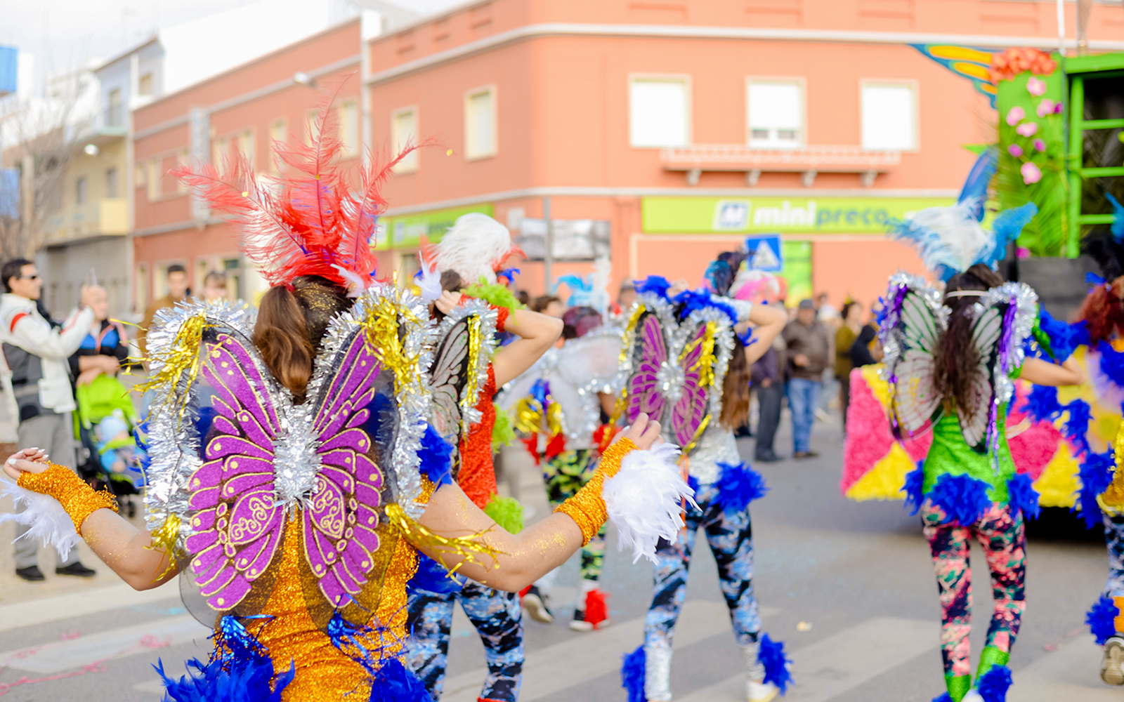 Mestre Carnival performers in vibrant costumes during Venice Carnival street show.