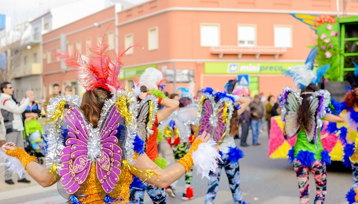 Mestre Carnival performers in vibrant costumes during Venice Carnival street show.