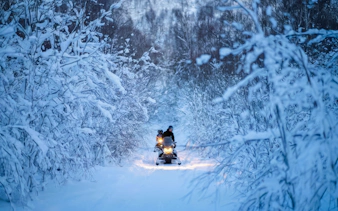 Snowmobile ride through snowy forest on Tromso day trip.