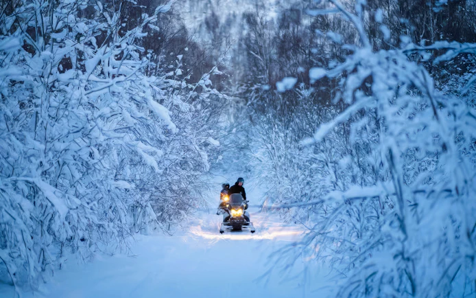 Snowmobile ride through snowy forest on Tromso day trip.