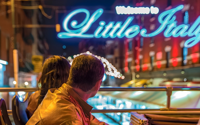 Couple on Big Bus tour viewing Little Italy sign in New York at night.