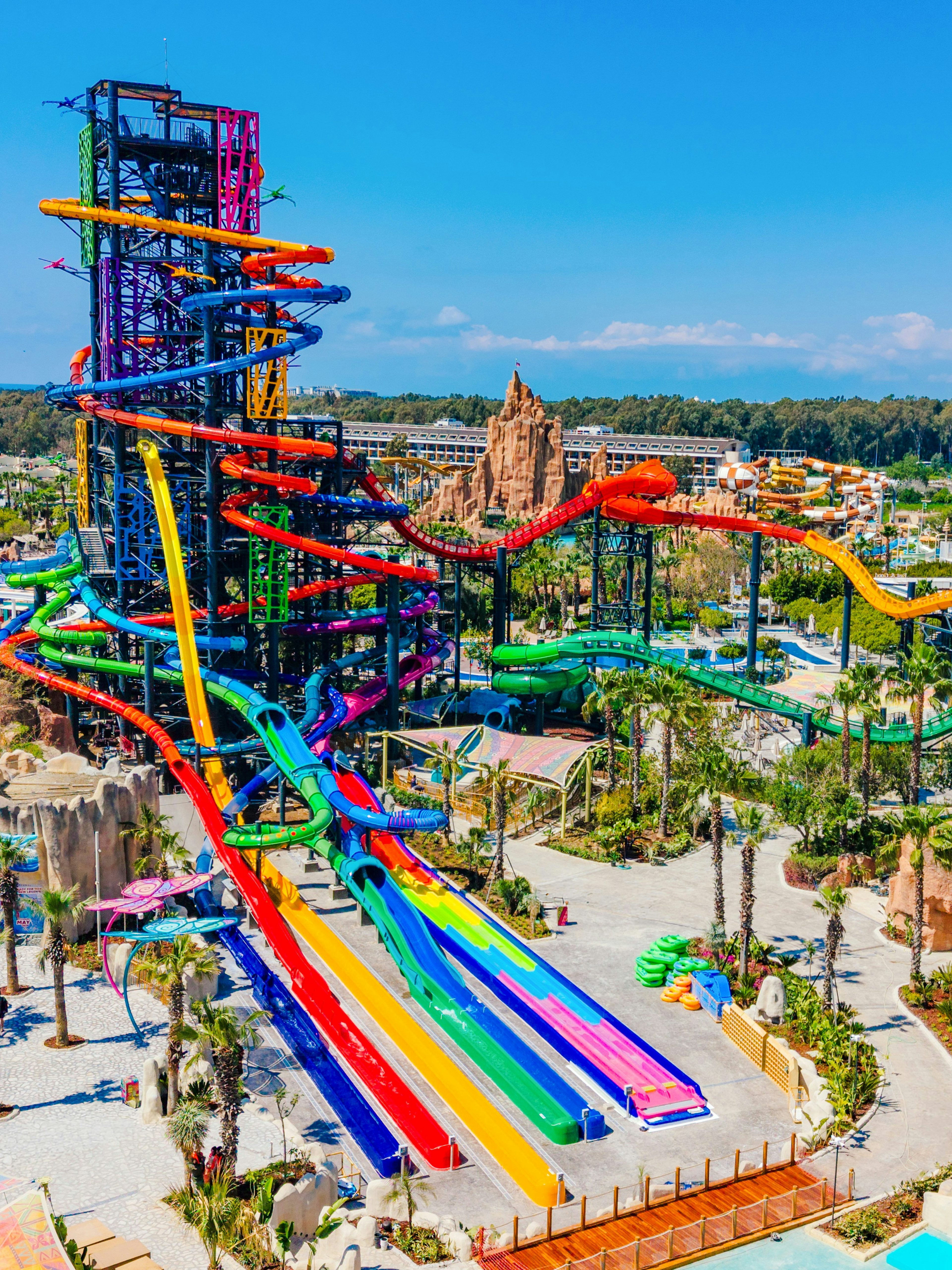 Waterfly ride with colorful slides at The Land Of Legends Theme Park.