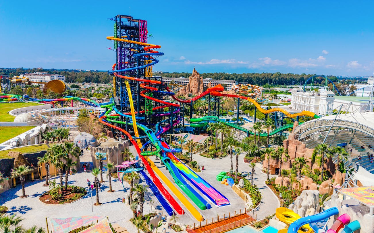 Waterfly ride with colorful slides at The Land Of Legends Theme Park.