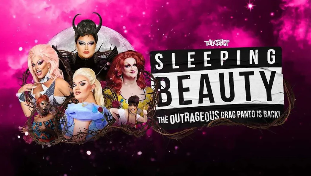 Drag performers in colorful costumes promoting Sleeping Beauty drag panto show.