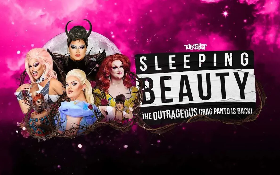 Drag performers in colorful costumes promoting Sleeping Beauty drag panto show.