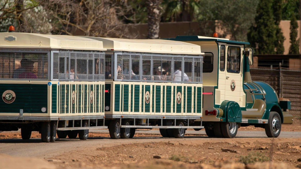 Safari tour train in Mallorca transporting visitors through a scenic route.