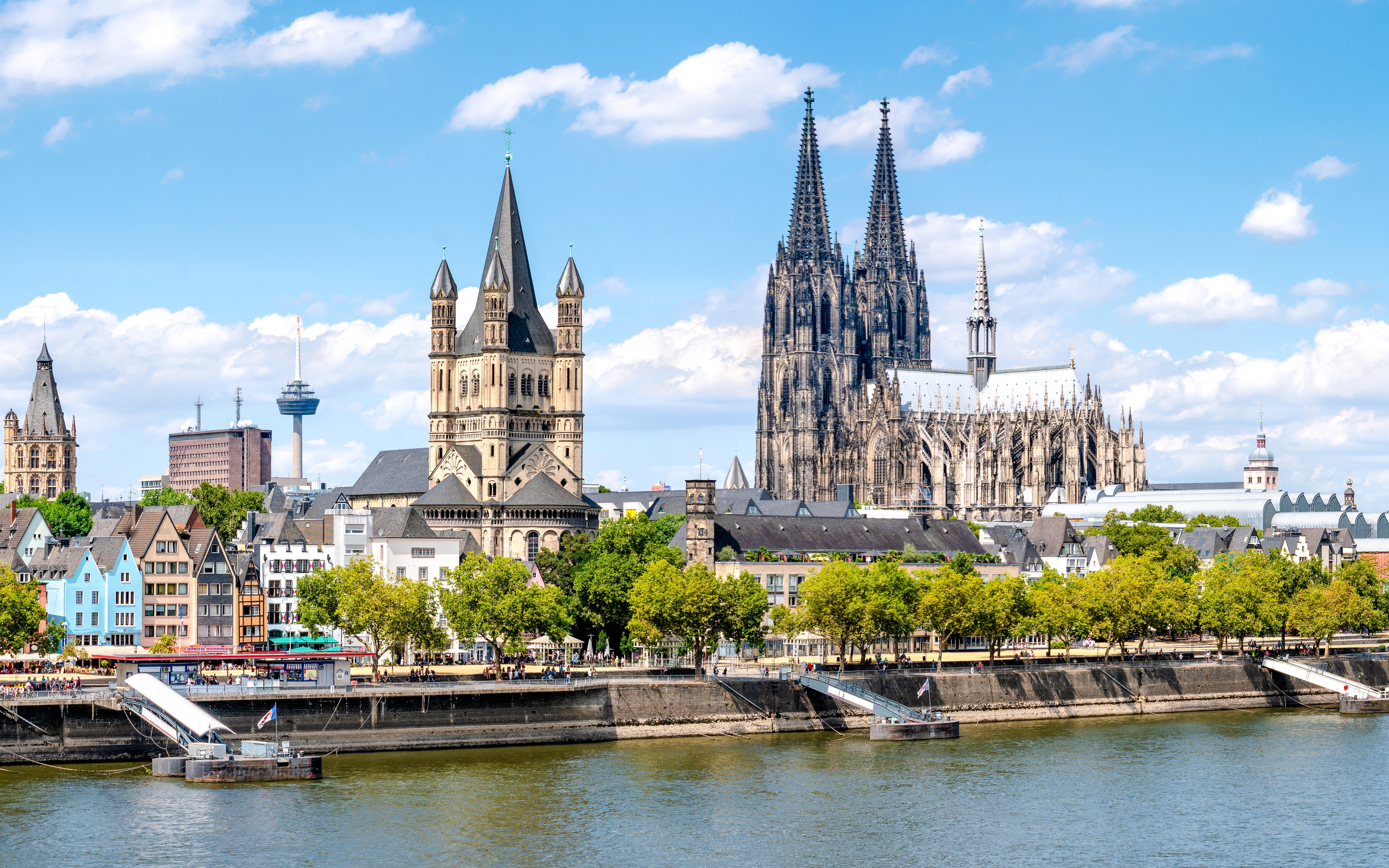 Cologne Cathedral and cityscape along the Rhine River in Cologne, Germany.