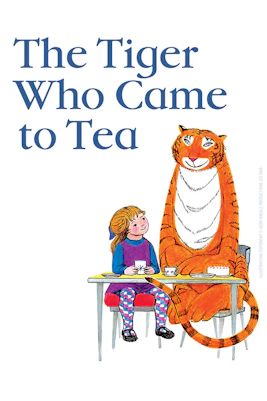 Girl having tea with a tiger at a table, from "The Tiger Who Came to Tea.