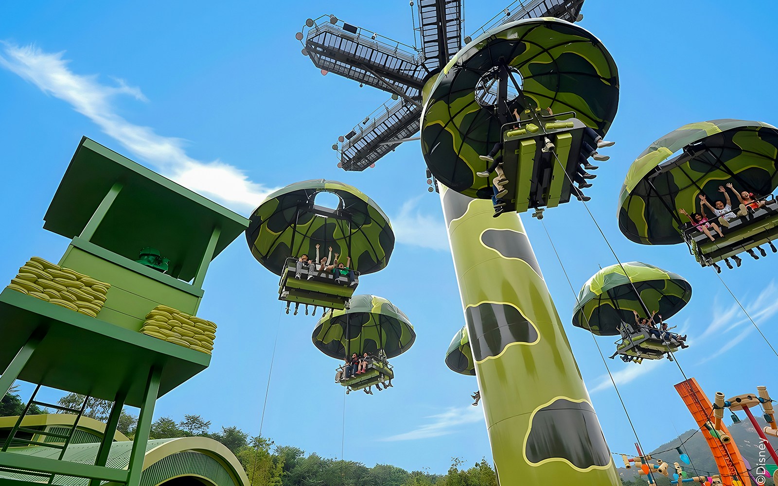 The 'Toy Soldiers Parachute Drop' ride at Disneyland Hong Kong