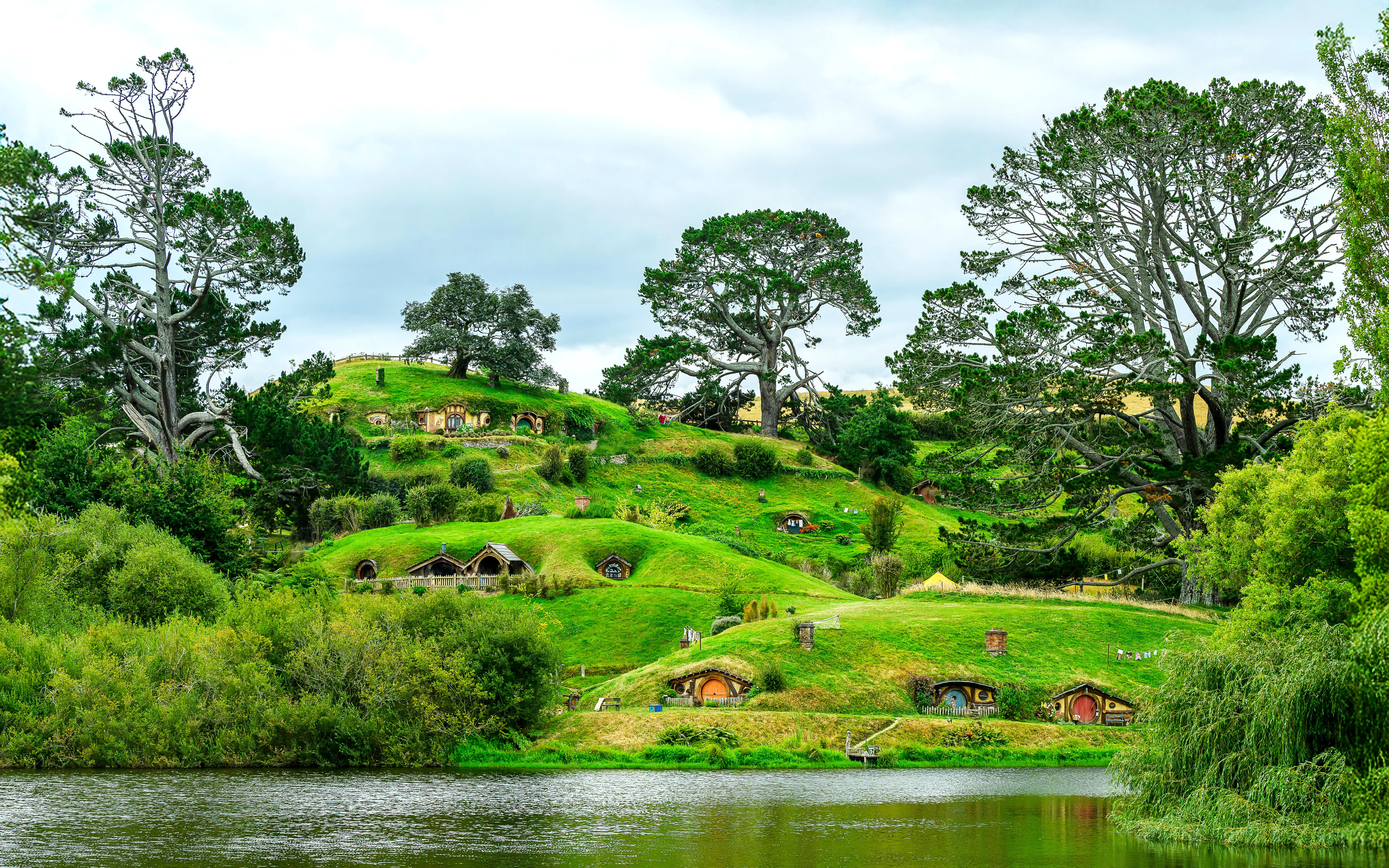 Hobbiton hillside with hobbit holes and lush greenery in New Zealand.