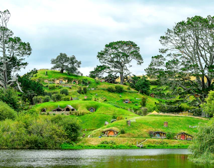Hobbiton hillside with hobbit holes and lush greenery in New Zealand.