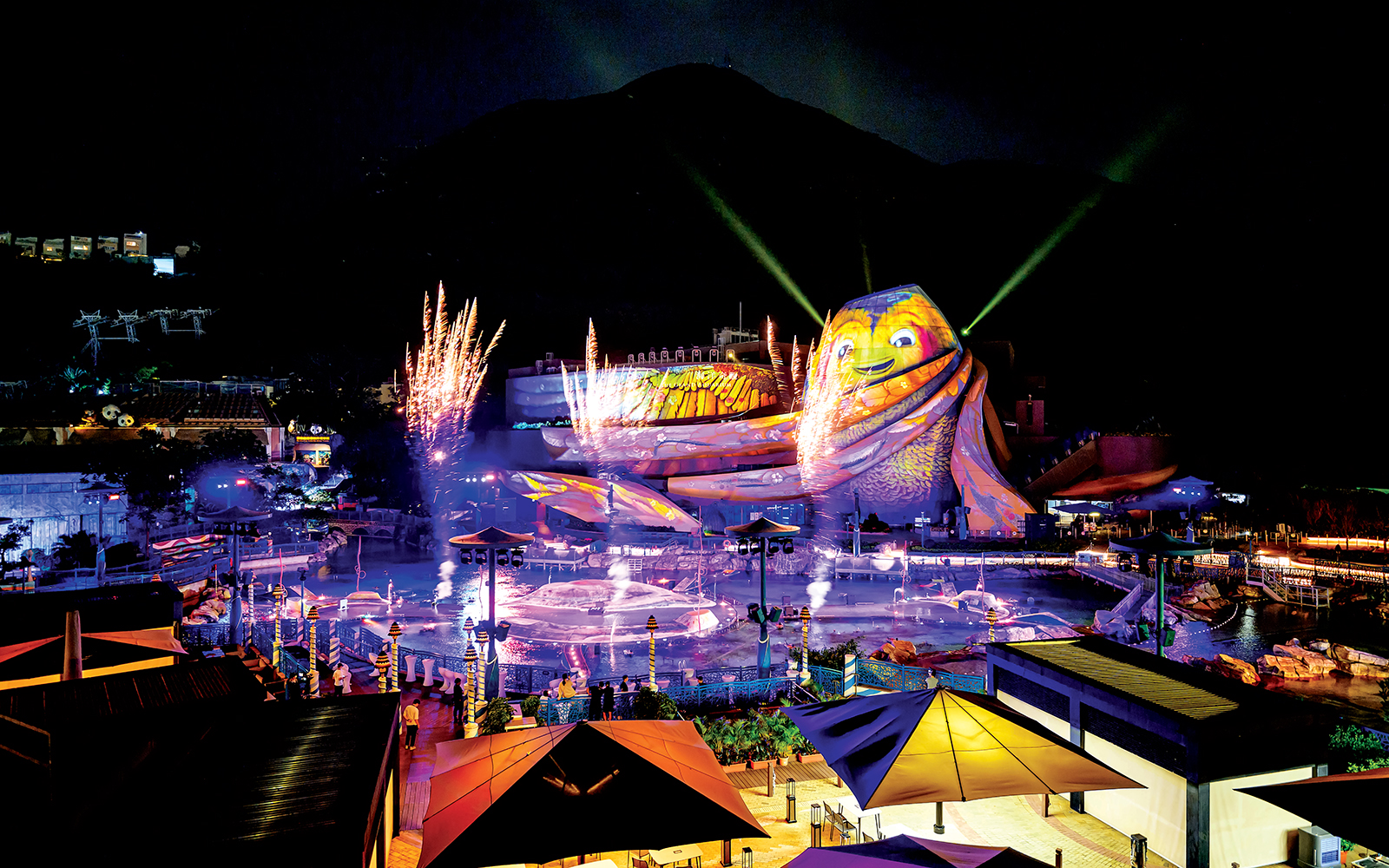 Lights show with fireworks at Ocean Park Hong Kong, featuring colorful sea creature display.