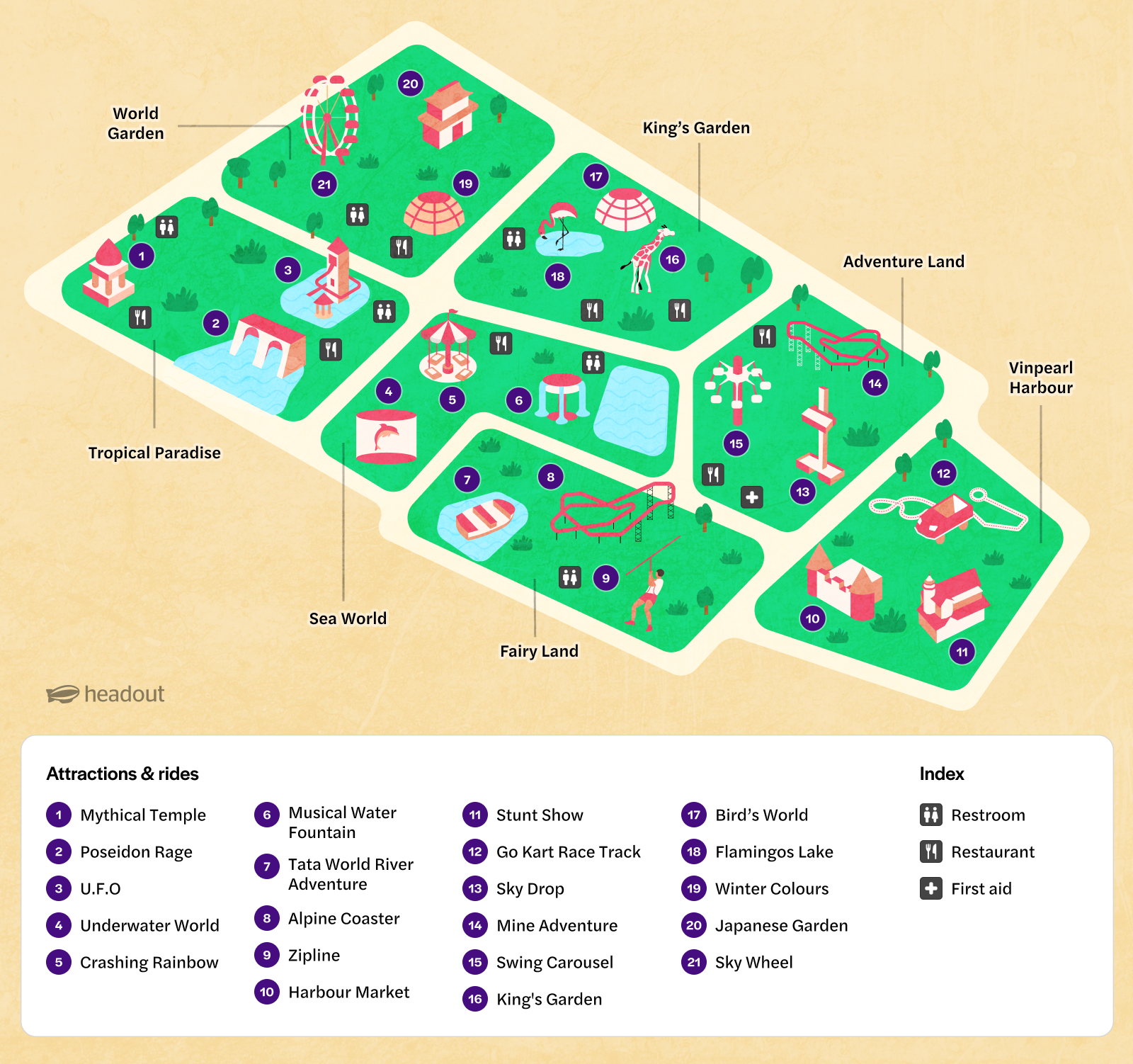 VinWonders Nha Trang map showing attractions like Mythical Temple, Sky Wheel, and Adventure Land.