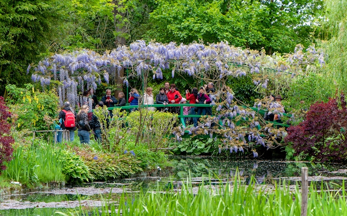 Visitors on a bridge in Monet's Garden, Giverny, surrounded by wisteria and lush greenery.