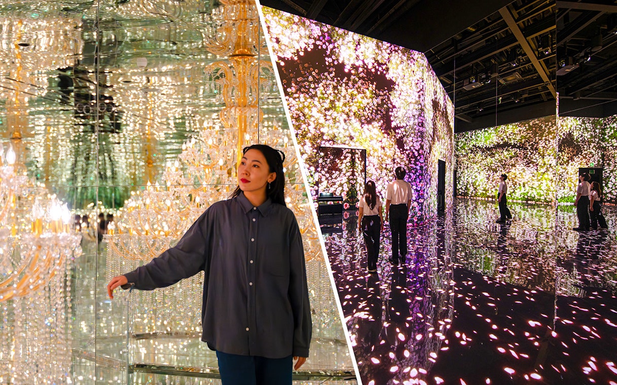 Tourists exploring immersive light installations at House of Hype, Dubai.