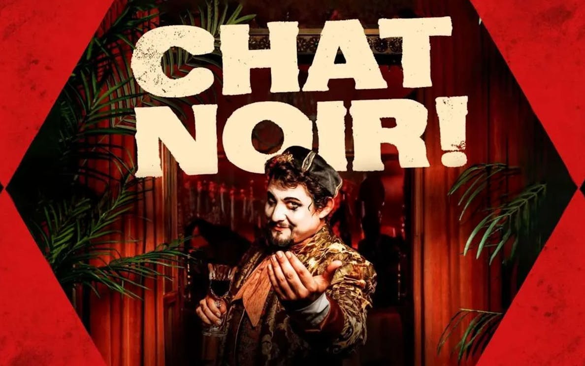 Performer in costume holding a glass at Chat Noir Westend show.