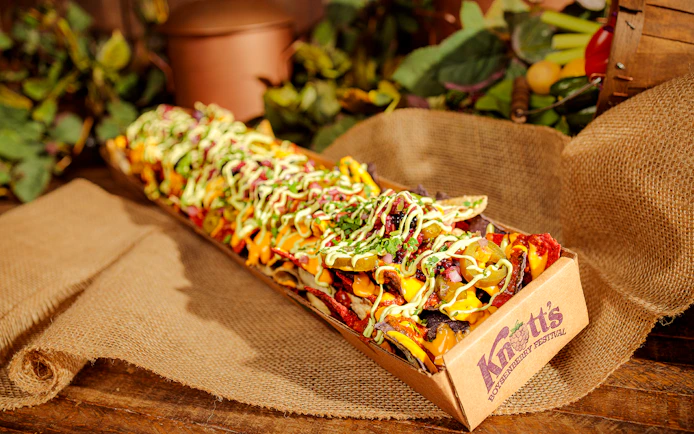 Box of loaded nachos at Knott's Boysenberry Festival, Knott's Berry Farm.