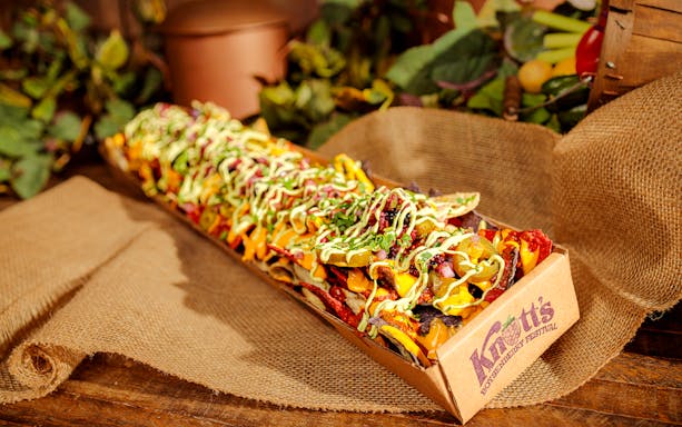 Box of loaded nachos at Knott's Boysenberry Festival, Knott's Berry Farm.